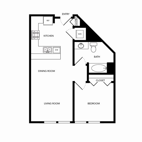 Floor plan for 1 bed, 1 bath, 676 sqft